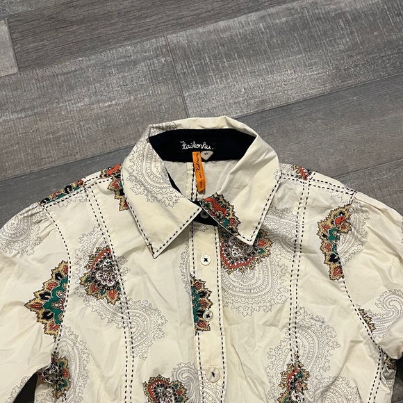 Taikonhu White Top with Navy Trim and Orange Tag Anthropologie - Picture 3 of 12